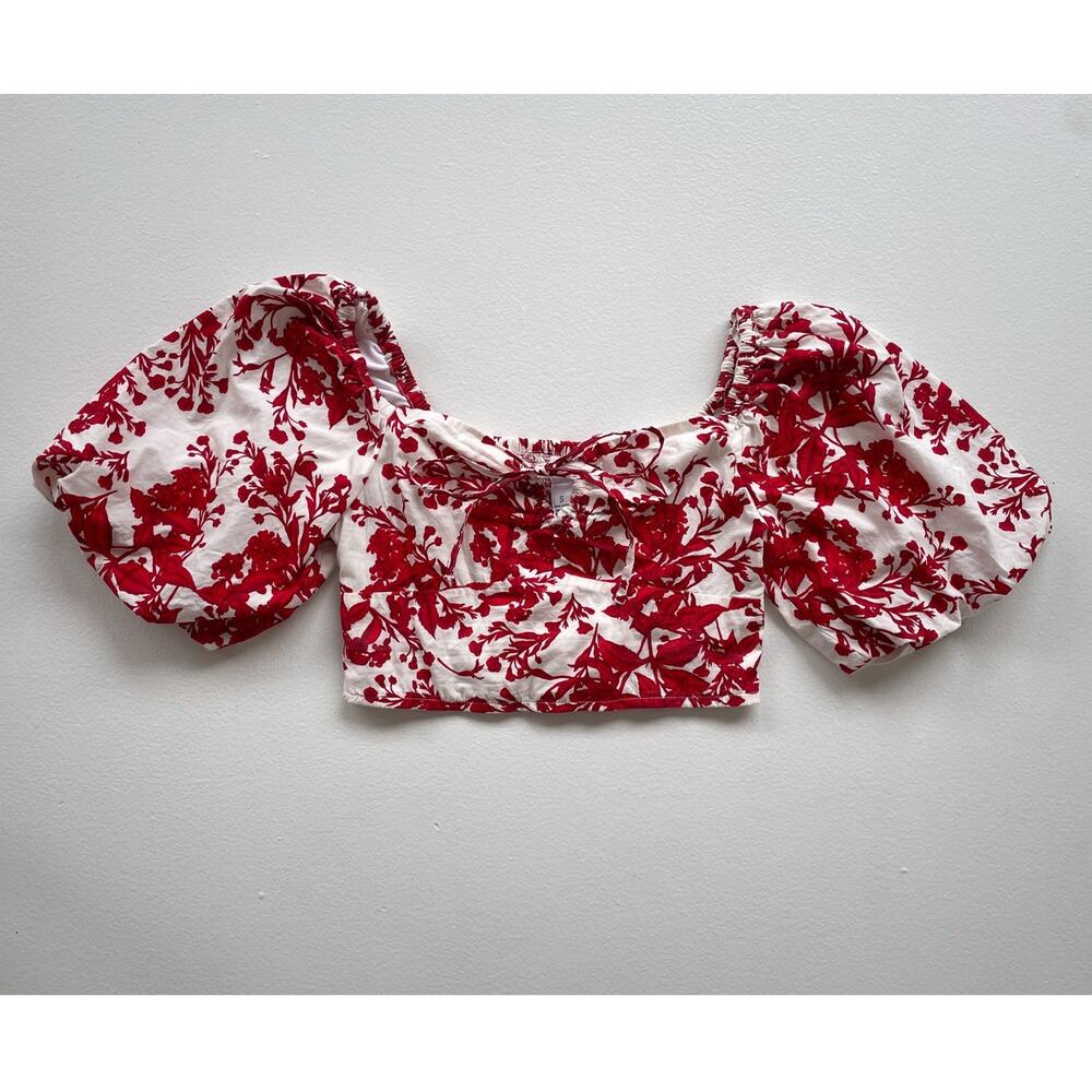 Japna Red Floral Puff Sleeve Shirred Crop Top / Sz S / Boho Retro Indian Cotton